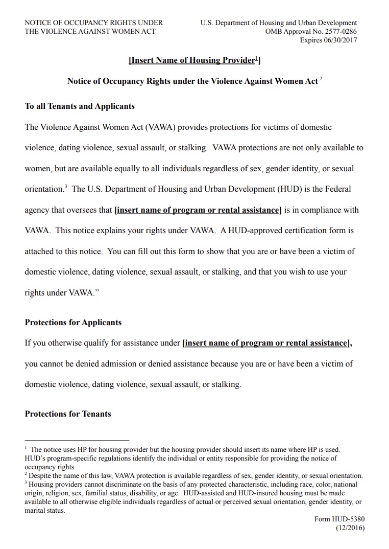 Notice of Occupancy Rights Under the Violence Against Women Act NIWRC